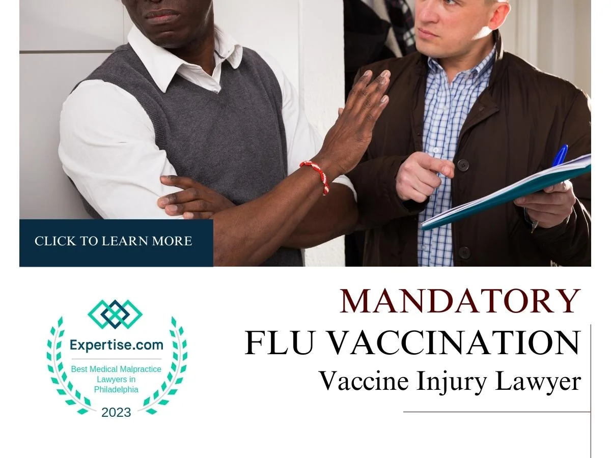 Blog featured image of a man refusing to someone and a caption that says “Mandatory FLU vaccination