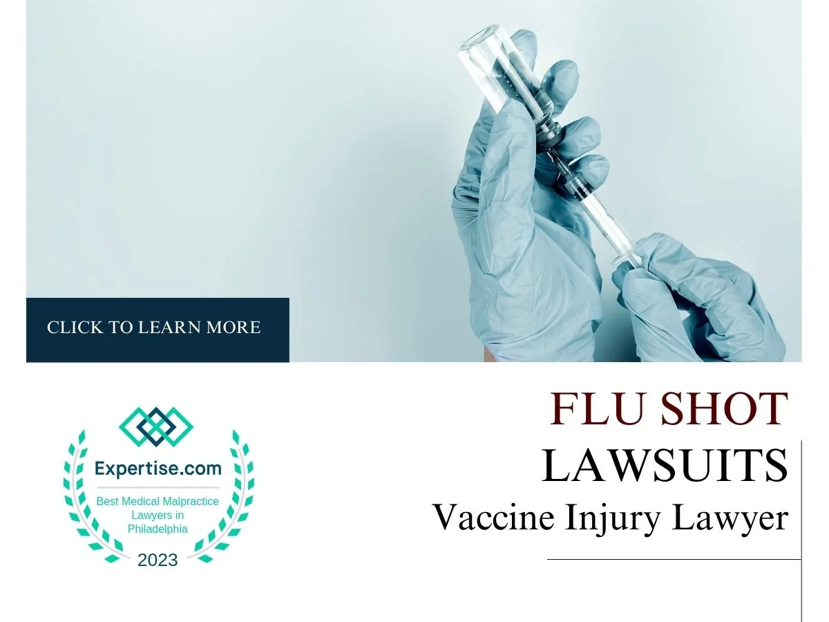 Blog featured image of a person with a syringe and a caption that says “Flu Shot Lawsuits
