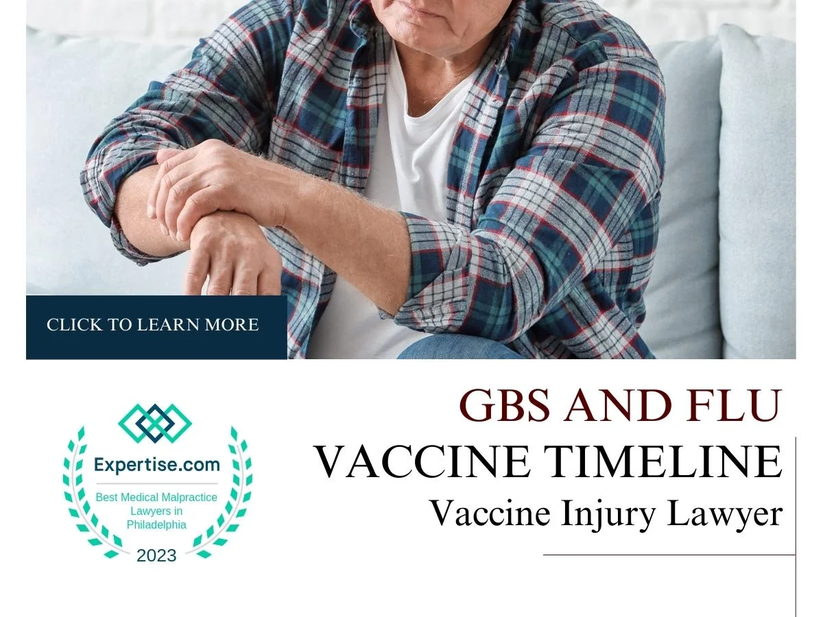 Blog featured image of a man with his arm wrapped around her elbow and a caption that says “GBS and Flu Vaccine TImeline