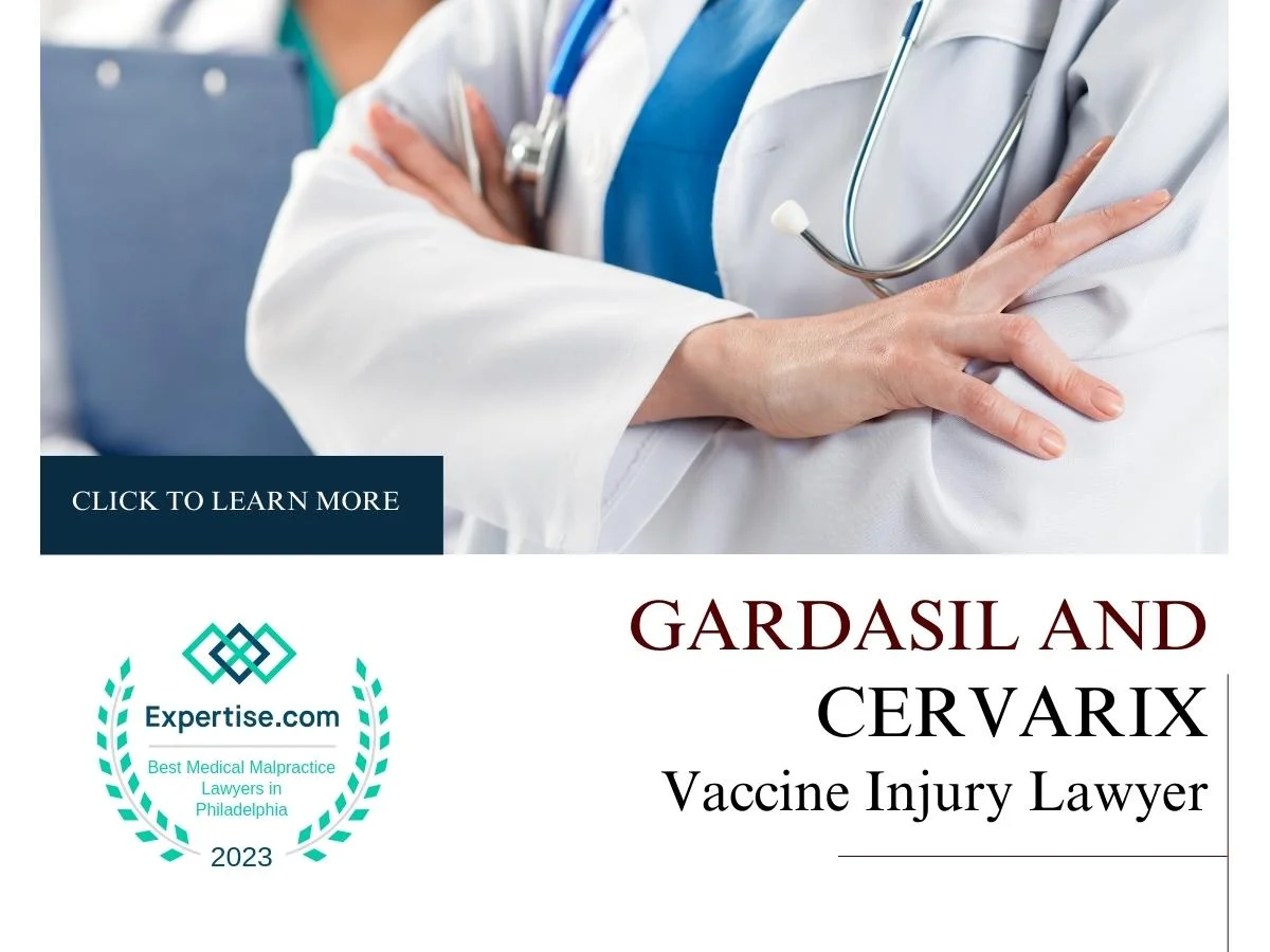 Blog featured image of a doctor with a stethoscope and a caption that says “Gardasil and Cervarix