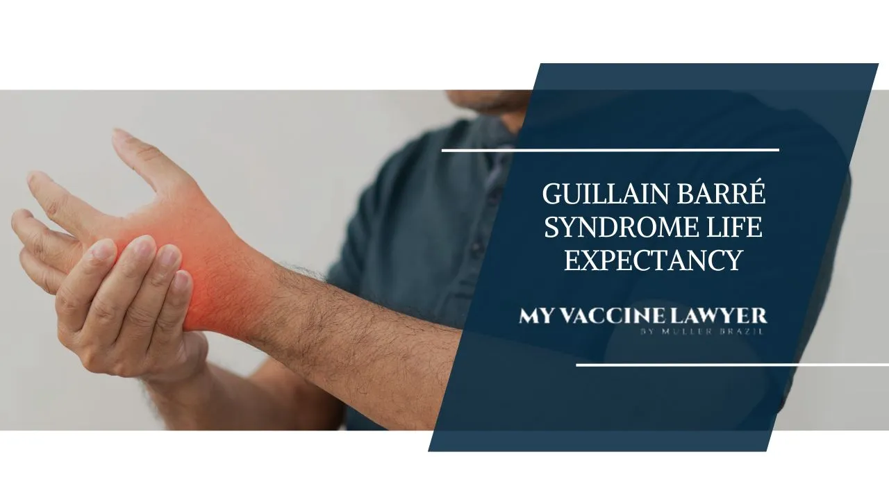  A person holding their left hand with their right hand, seemingly in pain or discomfort, possibly indicating symptoms related to Guillain-Barré Syndrome. The image is overlaid with a translucent blue banner featuring the text 