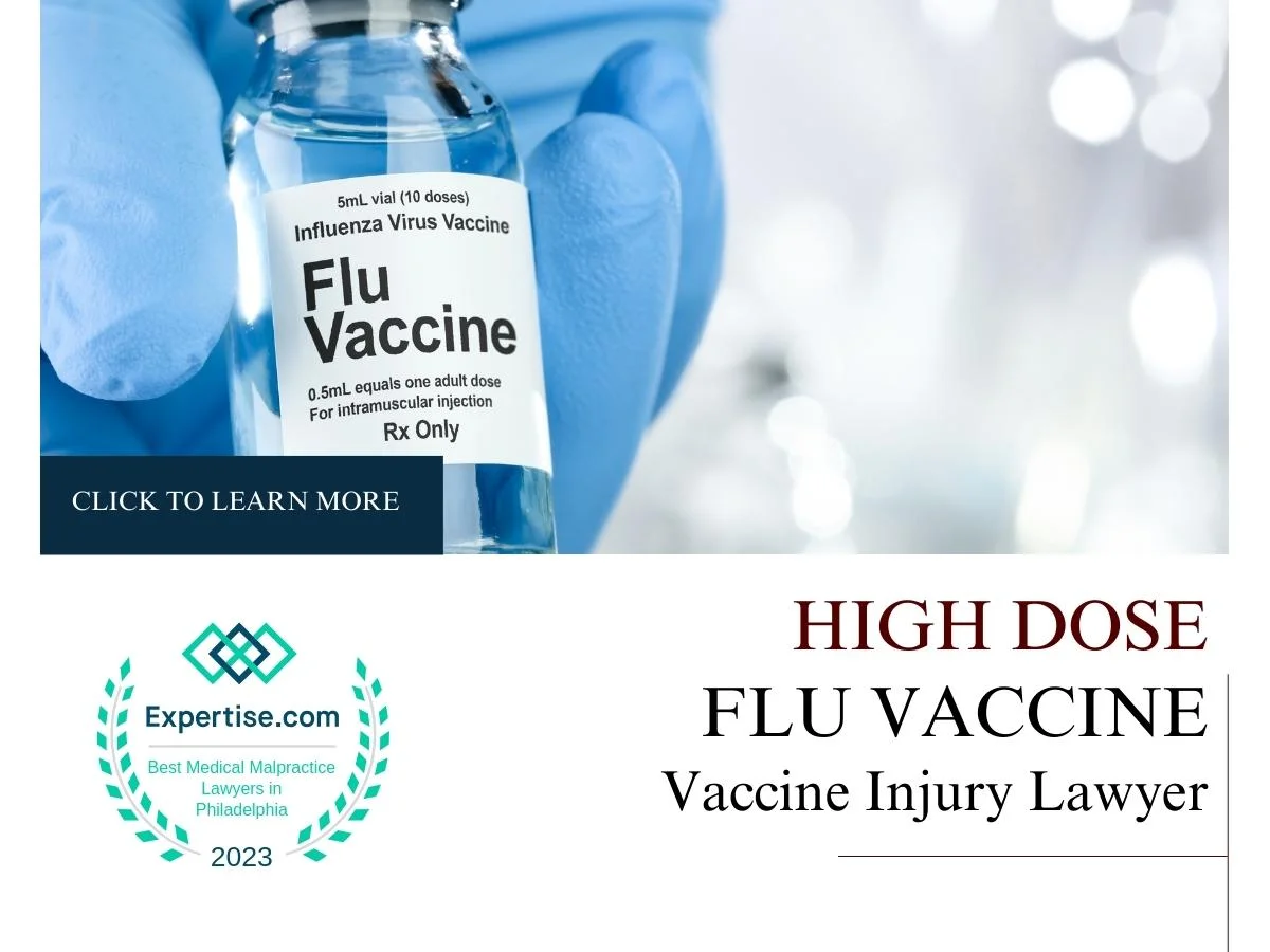 Blog featured image of a person in blue gloves holding a vial and a caption that says “High Dose Flu Vaccine