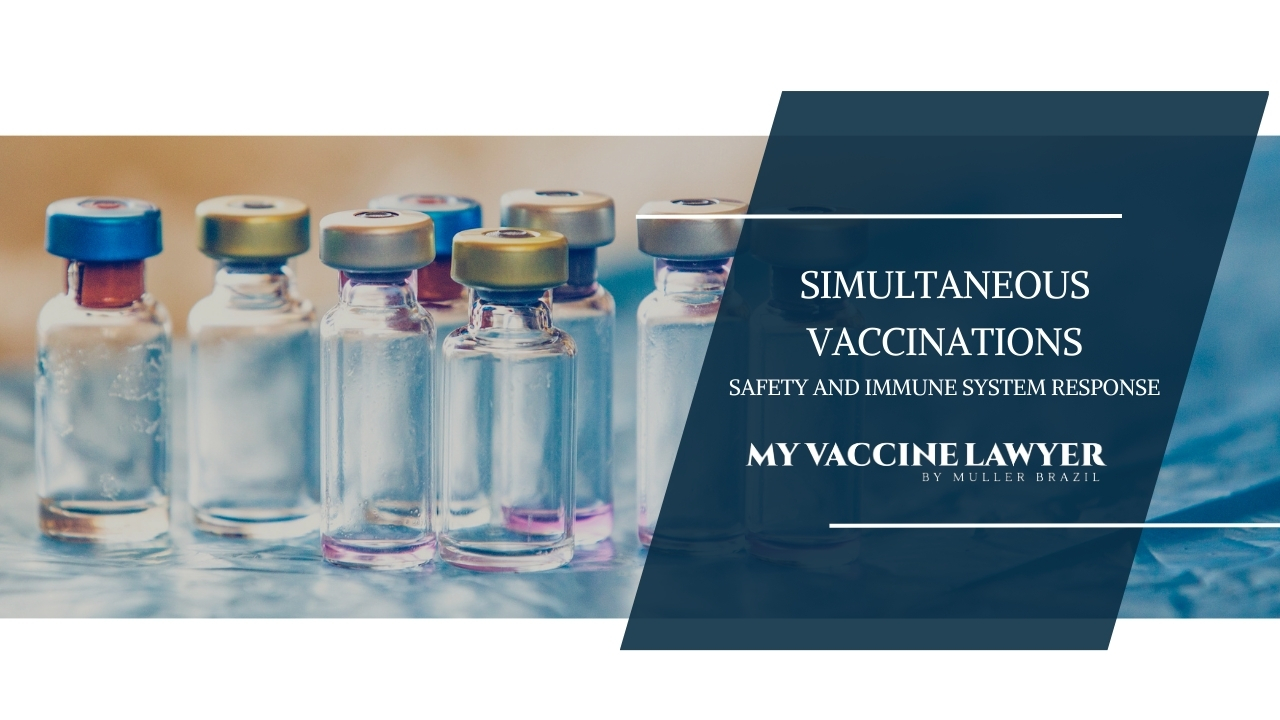 Blog image titled 'SIMULTANEOUS VACCINATIONS' with multiple vaccine vials, focusing on 'How Many Vaccines Can You Get at Once', by MY VACCINE LAWYER.