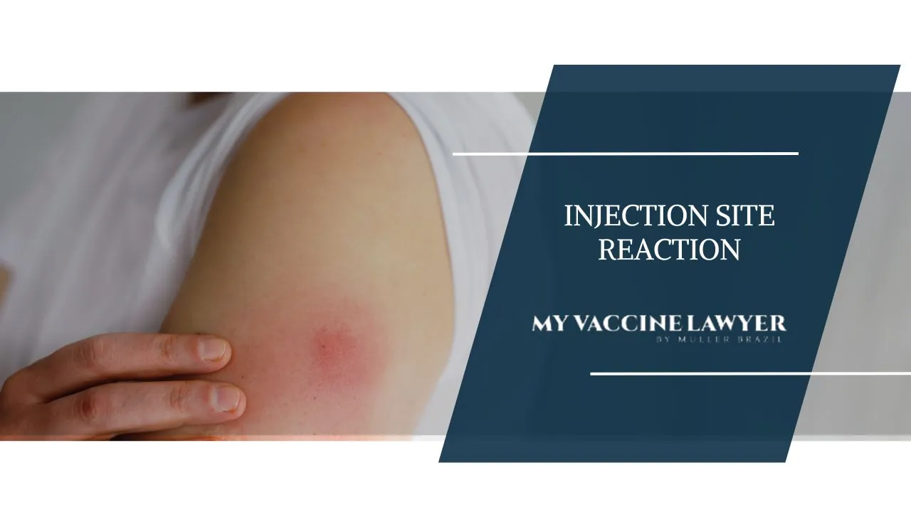 Blog featured image for Injection Site Reactions, Picture of a woman showing her arm and the reaction that she has from the vaccines injection site