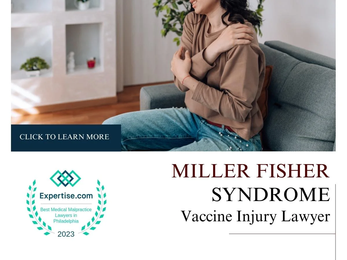 Blog featured image of a woman in a brown shirt sitting on a gray couch and a caption that says “Miller Fisher Syndrome