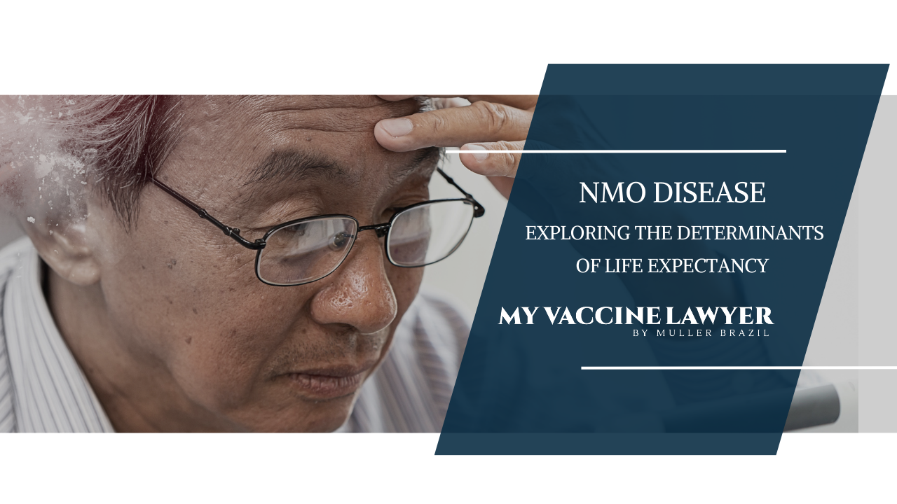 An elder person appearing concerned, touching their forehead, with text 'NMO Disease: Exploring the Determinants of Life Expectancy' by My Vaccine Lawyer from Muller Brazil.