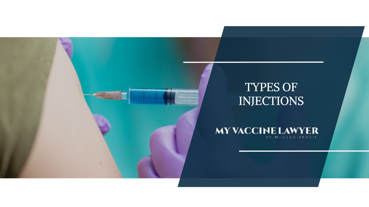 Close-up of a syringe administering a vaccine with the text 'Types of Injections' and logo 'My Vaccine Lawyer by Muller Brazil'