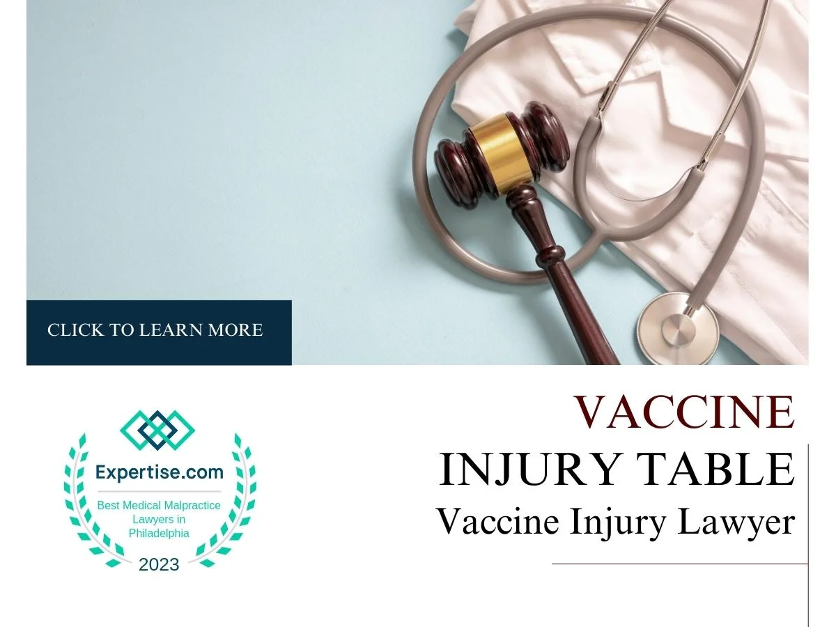 Blog featured image of a gavel and a stethoscope on a table and a caption that says “Vaccine Injury Table