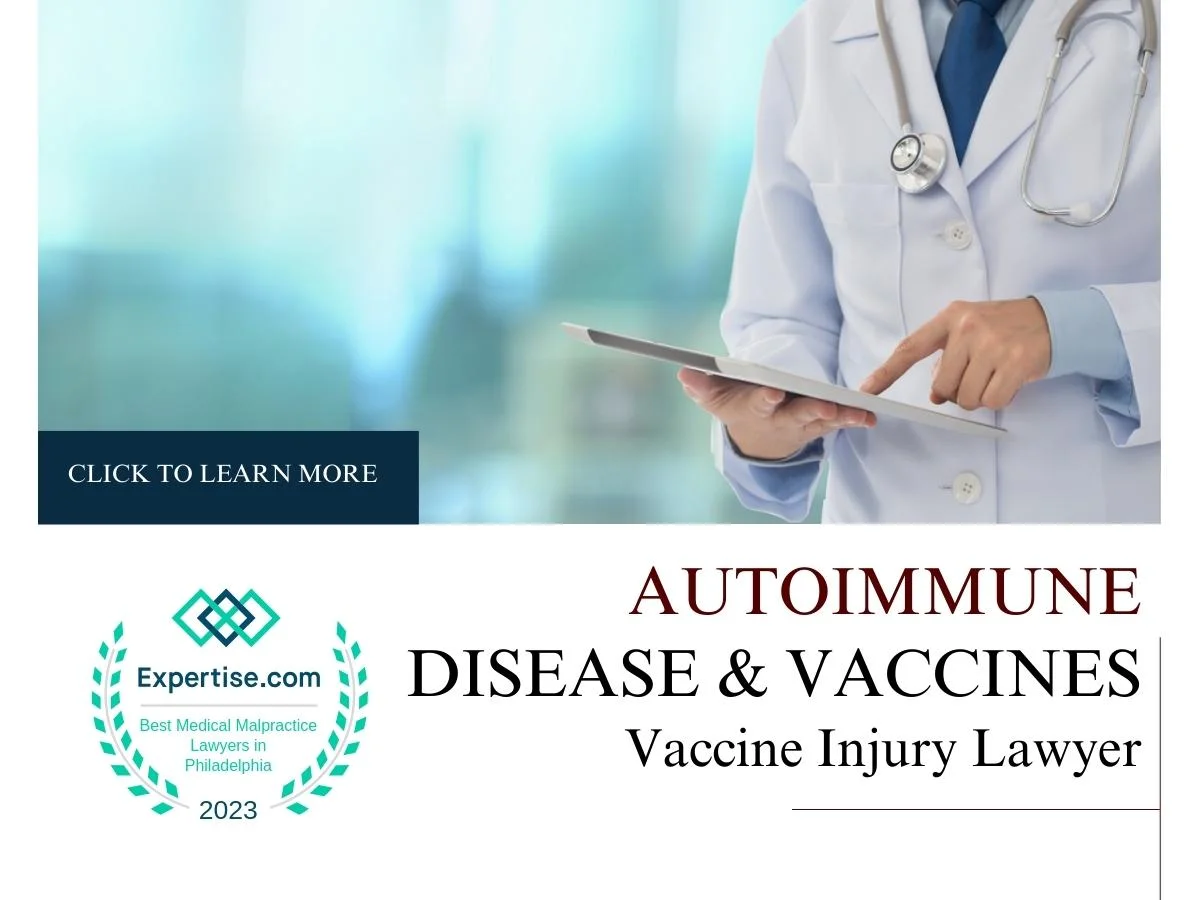 Blog featured image of a doctor with a tablet and a caption that says “Autoimmune disease & vaccines