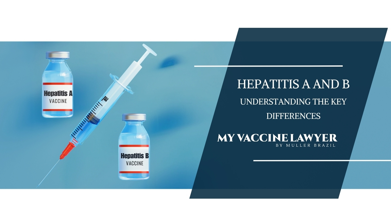 The image features two vaccine vials labeled 'Hepatitis A Vaccine' and 'Hepatitis B Vaccine' with a syringe positioned between them on a blue background. A dark blue overlay to the right contains the text 