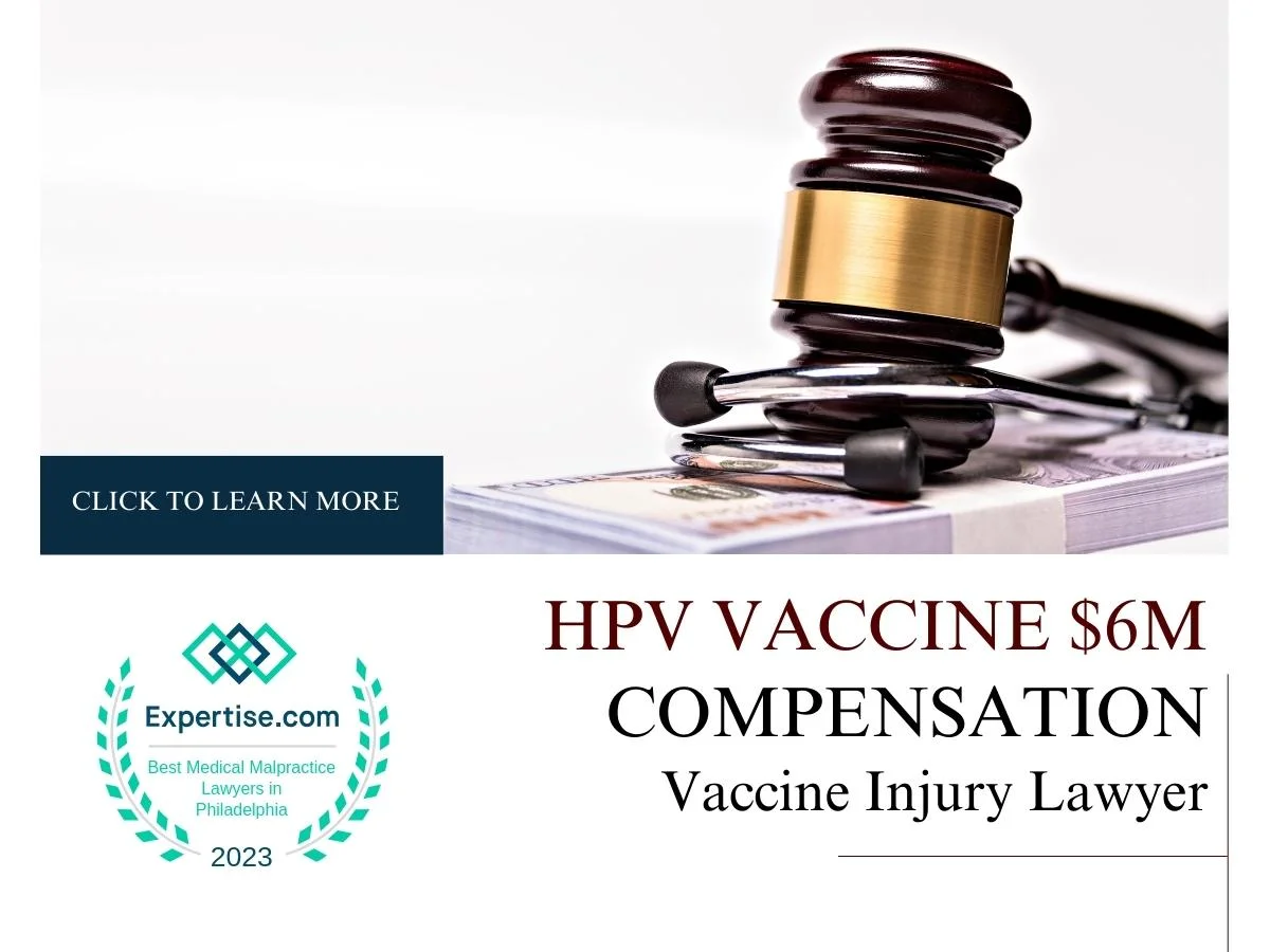 Blog featured image of a gavel on a pile of money with Stethoscope and a caption that says “hpv vaccine $6M Compensation