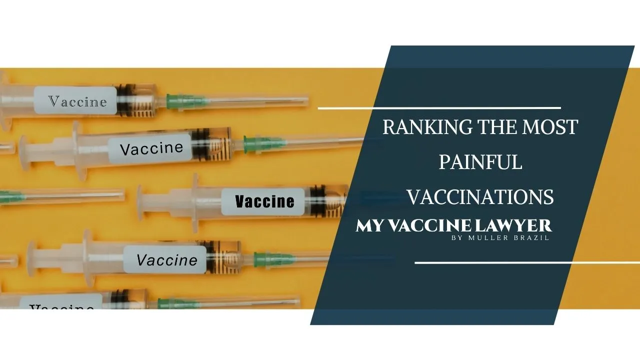 The image displays a row of syringes labeled 'Vaccine' against a vibrant yellow background, with a navy blue overlay to the right featuring the text 