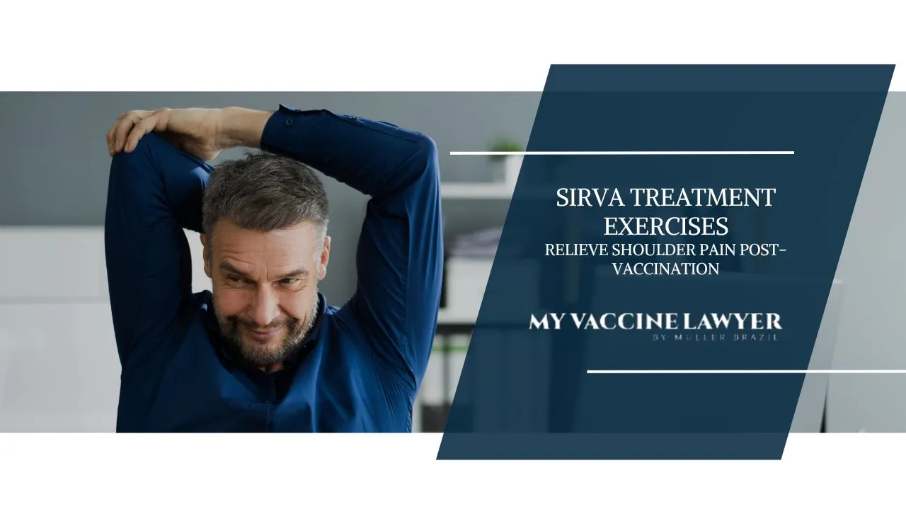 Blog featured image for Effective SIRVA Treatment Exercises for Shoulder Pain Post-Vaccination, a man stretching his shoulder to alleviate the pain that he got from the vaccine